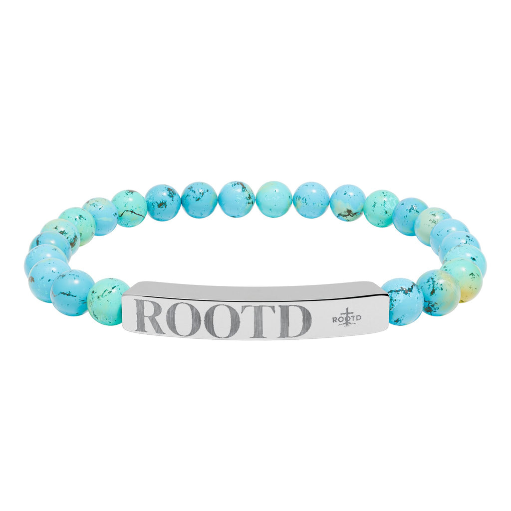 ROOTD Engraved Natural Stone Bead Bracelet — Stretch Bar Bracelet with 'ROOTD' Plate