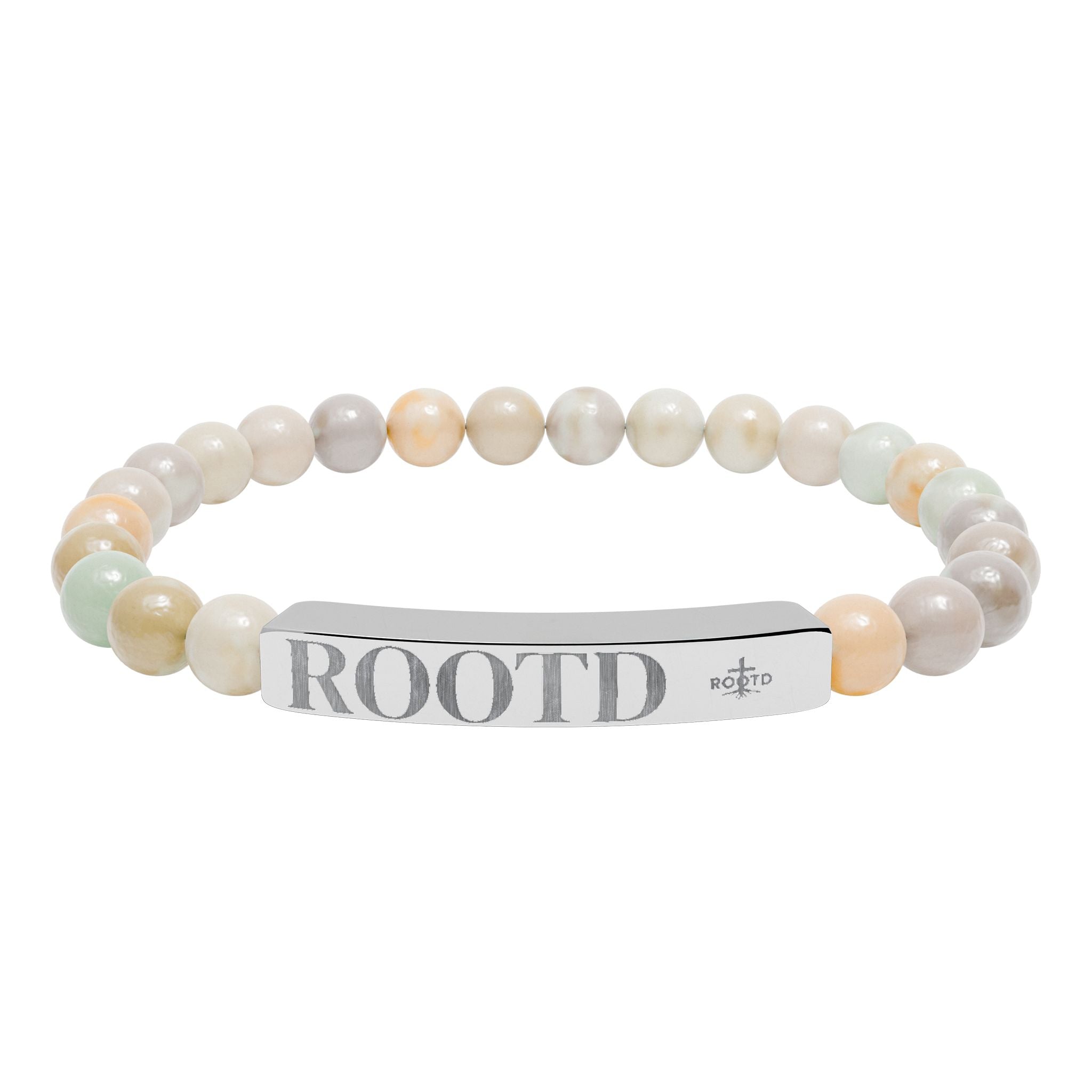 ROOTD Engraved Natural Stone Bead Bracelet — Stretch Bar Bracelet with 'ROOTD' Plate