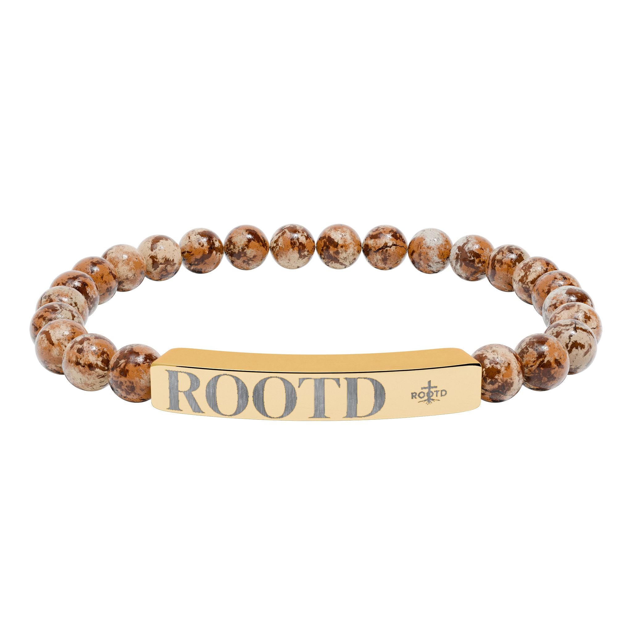 ROOTD Engraved Natural Stone Bead Bracelet — Stretch Bar Bracelet with 'ROOTD' Plate