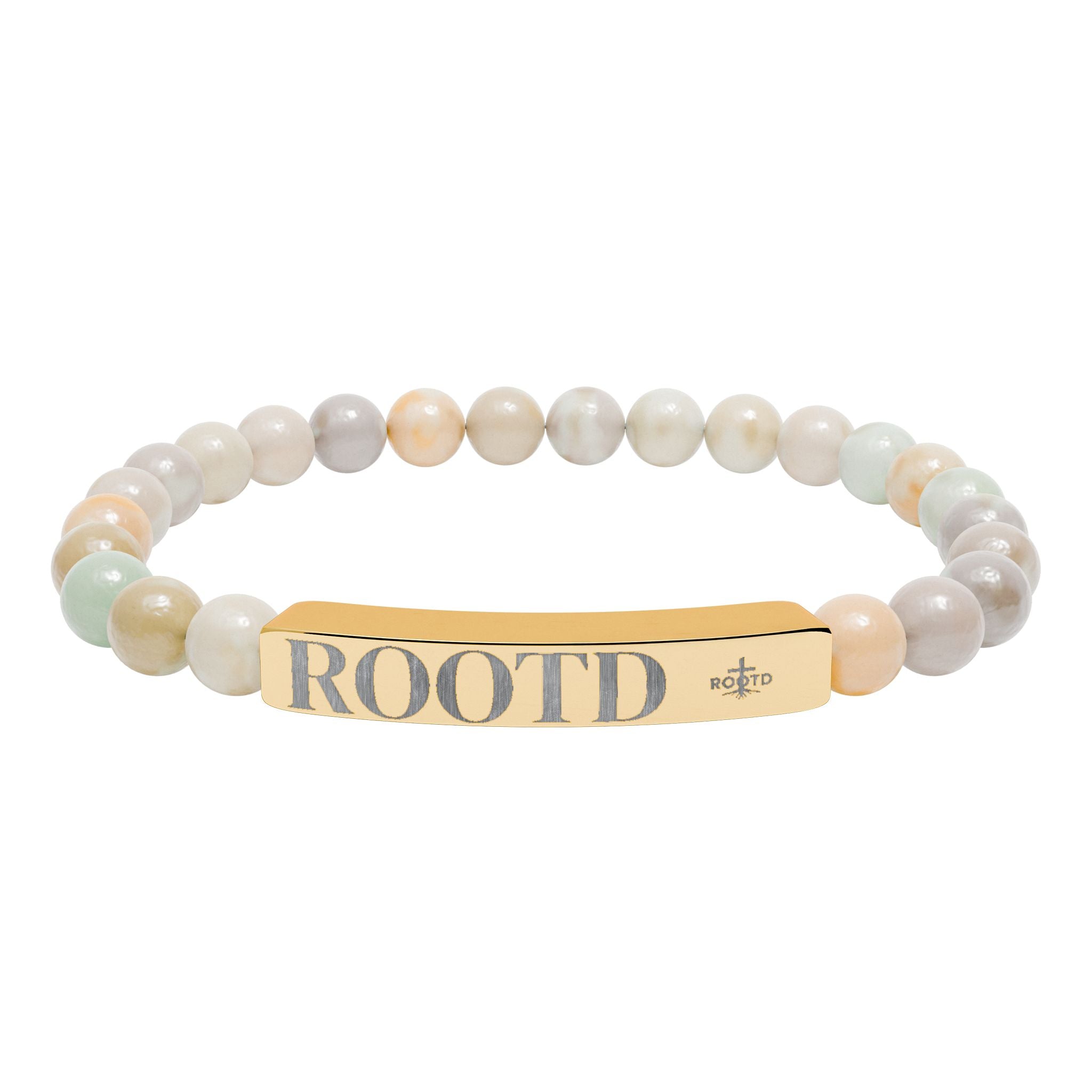 ROOTD Engraved Natural Stone Bead Bracelet — Stretch Bar Bracelet with 'ROOTD' Plate