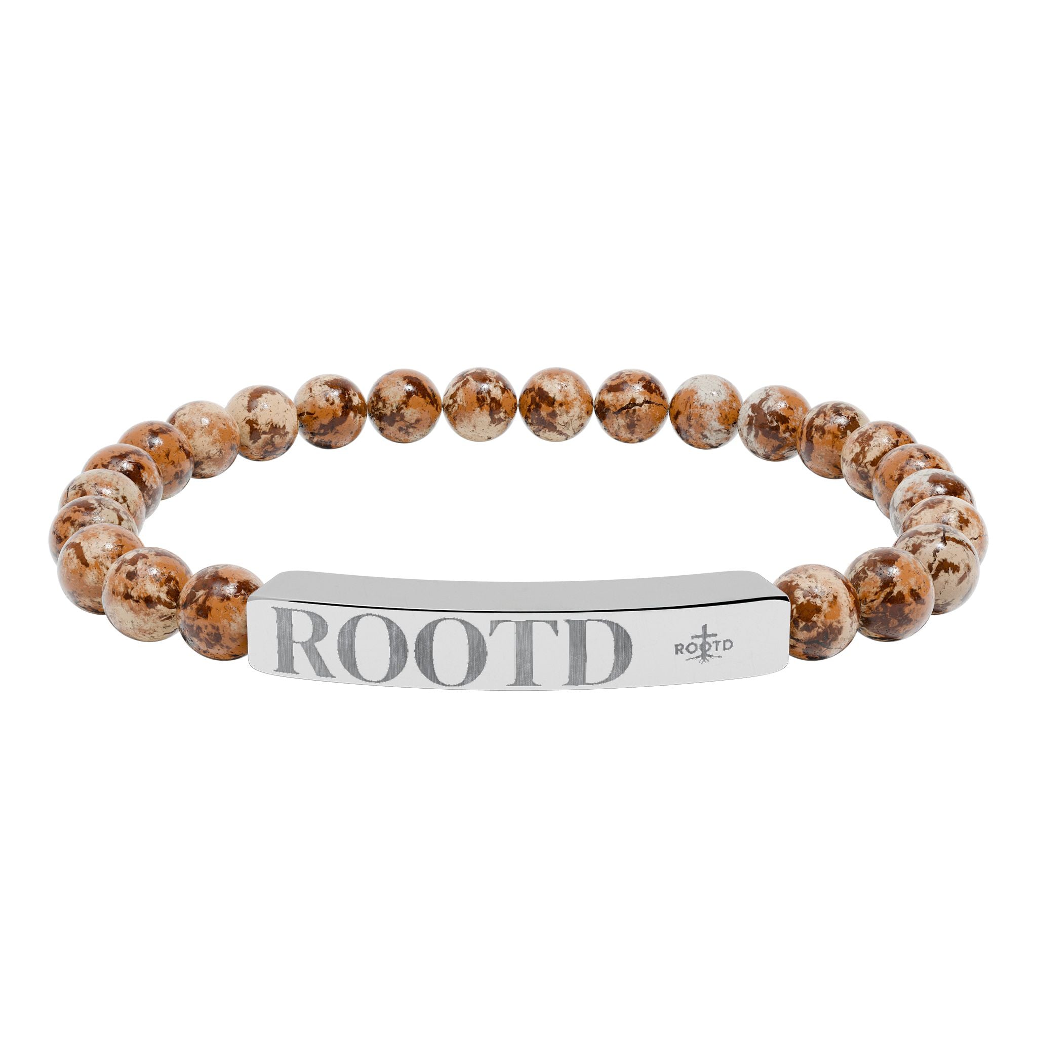 ROOTD Engraved Natural Stone Bead Bracelet — Stretch Bar Bracelet with 'ROOTD' Plate